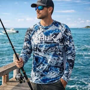 Huk‎ Performance Fishing Shirt XXL UPF Long Sleeve Rashguard Blue Camo
